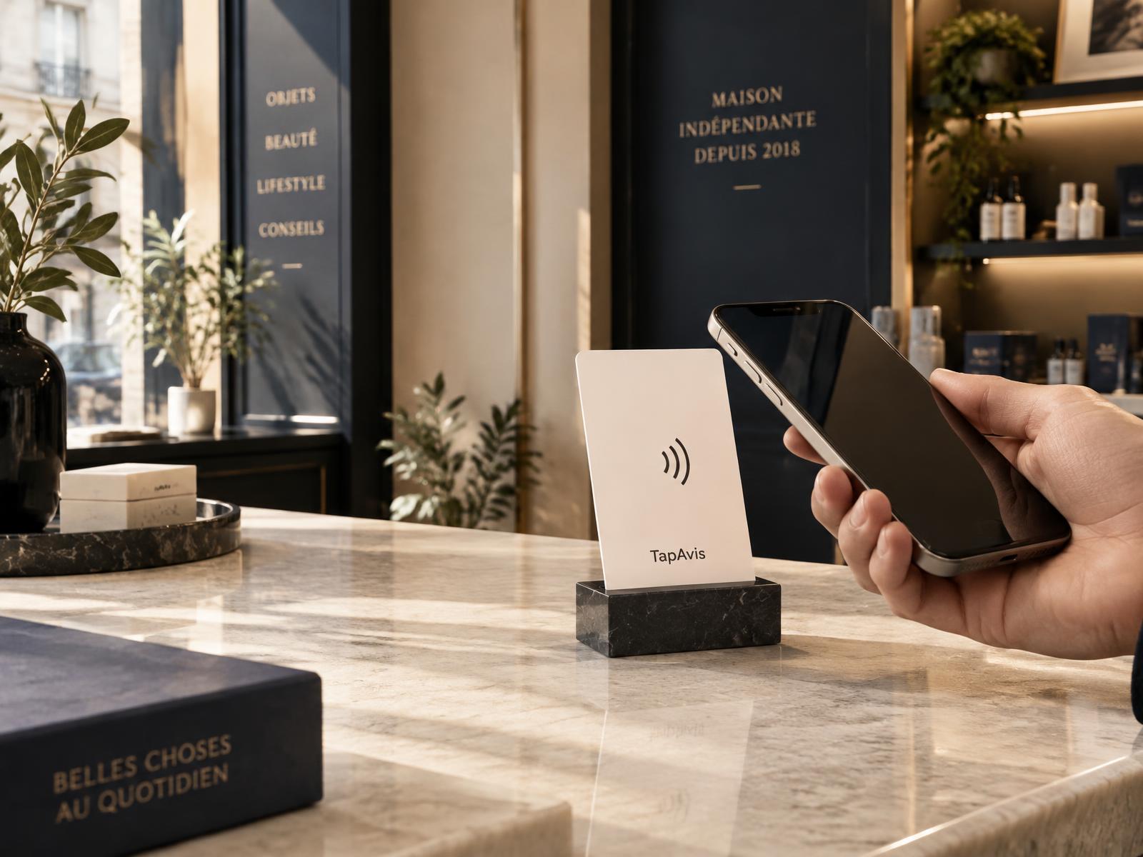 Carte NFC Tap Review sur un comptoir, avec un téléphone approché pour ouvrir la page d’avis